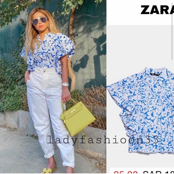 ZARA Printed Poplin Top Blue White S - Picture 3 of 11